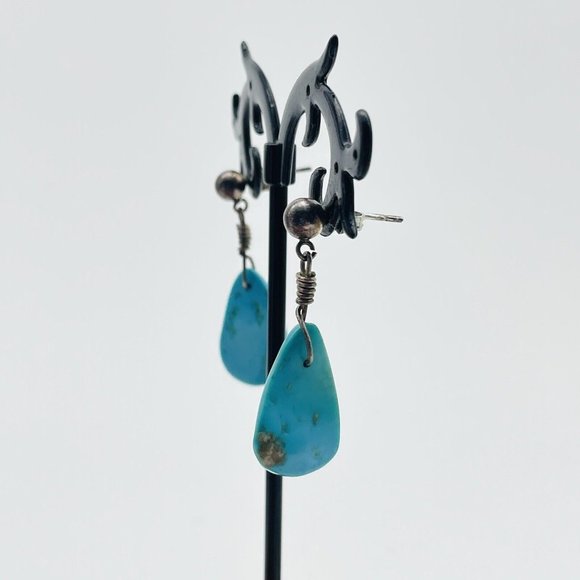 Turquoise Color Teardrop Dangle Earrings Silver Tone Ethnic Native Tribal SW - Picture 7 of 11